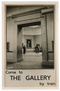 VICTORIAN RAILWAYS TRAVEL POSTER "Come to THE GALLERY by train", c1930s, Process lithograph, text at base reads: "VR [Victorian Railways], Poster No. 250. P.C. Grosser, Litho Melb" (obscured by matt board) laid down on backing board, 94 x 58cm (visible), 