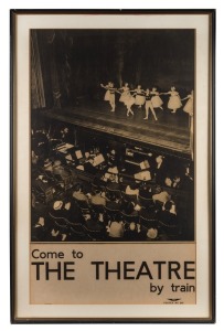 VICTORIAN RAILWAYS TRAVEL POSTER "Come to THE THEATRE by train", c1930s, process lithograph. Text at base reads: "VR [Victorian Railways], Poster No. 241. P.C. Grosser, Litho Melb". Laid down on backing board, framed and glazed, 90 x 54cm (visible), overa