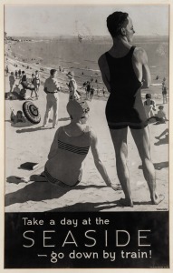 PERCIVAL ALBERT TROMPF (1902 - 1964), "Take a day at the SEASIDE - go down by train!", Victorian Railways Poster, No. 63, circa 1930, vintage photographic reproduction from original glass-plate negative in the P. T. C. Collection, circa 1970, laid down on