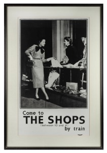 VICTORIAN RAILWAYS TRAVEL POSTER: "Come to THE SHOPS (between 10 and 4) by train", vintage photographic reproduction from original glass-plate negative in the P. T. C. Collection, circa 1970, matted, framed and glazed, 89 x 54cm (visible); overall 110 x 7