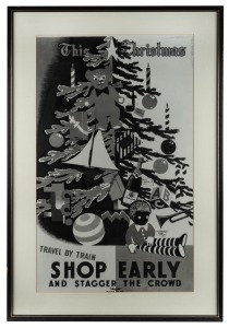 HAROLD EMANUEL FREEDMAN (1915 - 1999), VICTORIAN RAILWAYS TRAVEL POSTER: "This Christmas, TRAVEL BY TRAIN, SHOP EARLY, AND STAGGER THE CROWD", (Poster No. 237) Vintage photographic reproduction from original glass-plate negative in the P. T. C. Collection