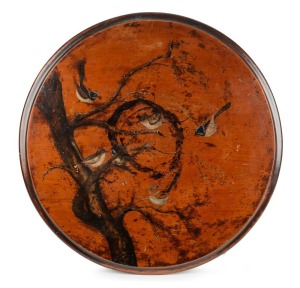 An antique Australian kauri pine circular wine tabletop with folk art painting of fairy wrens in a tree, 19th century, 61cm diameter