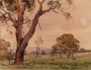 LANCE J. SULLIVAN (1916-1984), (Australian pastoral scene), watercolour, signed lower right "Lance J. Sullivan, '35", Kozminksy Galleries label verso, 27 x 35cm, 53 x 59cm overall