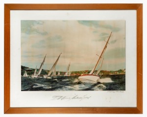 "TAA PRESENTS AUSTRALIA TODAY, SYDNEY HARBOUR" large format hand-coloured photographic print in hardwood frame, mid 20th century, 79 x 99cm overall