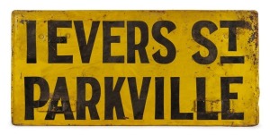 TRAMWAYS group of five assorted vintage metal destination signs: I.) IVERS ST, PARKVILLE, II.) SPENCER STREET (double sided) MELBOURNE CRICKET GROUND, III.) BLOCK CAR, IV.) TOORAK, V.) NOT CARRYING PASSENGERS, ​​​​​​​the largest 28 x 59cm