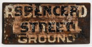 TRAMWAYS group of five assorted vintage metal destination signs: I.) IVERS ST, PARKVILLE, II.) SPENCER STREET (double sided) MELBOURNE CRICKET GROUND, III.) BLOCK CAR, IV.) TOORAK, V.) NOT CARRYING PASSENGERS, ​​​​​​​the largest 28 x 59cm - 2