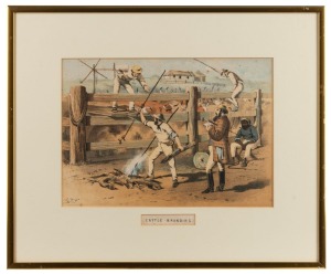SAMUEL THOMAS GILL (1818-1880), six assorted views from "The Australian Sketch Book" (1865): I.) The Duiff Children (Aug. 20. 1864), II.) Kangaroo Stalking, III.) Cattle Branding, IV.) Bush Funeral, V.) Native Sepulchre, VI.) Night Camp, coloured lithographs, 17 x 24.5cm each, 30 x 37cm each overall