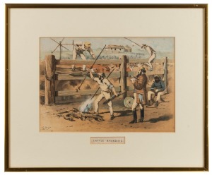 SAMUEL THOMAS GILL (1818-1880), six assorted views from "The Australian Sketch Book" (1865): I.) The Duiff Children (Aug. 20. 1864), II.) Kangaroo Stalking, III.) Cattle Branding, IV.) Bush Funeral, V.) Native Sepulchre, VI.) Night Camp, coloured lithogra