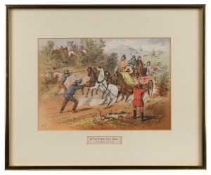 SAMUEL THOMAS GILL (1818-1880), six assorted views: I.) The Native Police, II.) Stockman, III.) Bush Mailman, IV.) Squatters Tiger, V.) Attacking The Mail, (Bushranging N.S.W. 1864), VI.) Prospecting, coloured lithographs, ​​​​​​​17 x 24.5cm each, 30 x 37