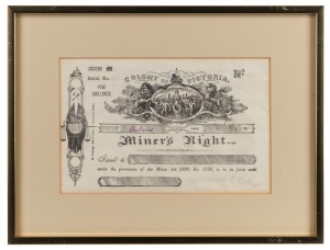MINER'S RIGHT 1896 Five Shilling, Ballarat issue; SKINNER PROUT hand-coloured engraving "Diggers On The Road To A Rush"; The Illustrated London News "Map Of The Port Phillip Gold Fields"; and a share certificate for "TARCOOLA UNITED GOLD MINING COMPANY", (4 items), all framed, the largest 40 x 28cm overall