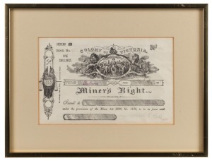 MINER'S RIGHT 1896 Five Shilling, Ballarat issue; SKINNER PROUT hand-coloured engraving "Diggers On The Road To A Rush"; The Illustrated London News "Map Of The Port Phillip Gold Fields"; and a share certificate for "TARCOOLA UNITED GOLD MINING COMPANY", 