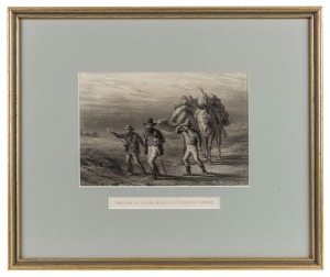 Four antique Australian scene black and white engravings, I.) Port Phillip Heads, II.) Australian Shepherd's Hut, III.) Return Of Burke & Wills To Coopers Creek, IV.) The Punt, Echuca, 12 x 17cm each, 27 x 32cm each overall