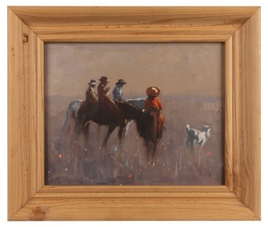 DALE MARSH (1940 - ), The Stockmen, oil on board, signed lower left "Dale Marsh, 1973", 19 x 24cm, 28 x 33cm overall