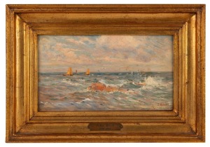 JOHN BRETT (1830-1902), (yachts at sea), oil on board, signed lower right "J. Brett", title plaque lower centre "John Brett 1830-1902", ​​​​​​​12 x 21cm, 22 x 30cm overall