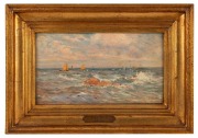 JOHN BRETT (1830-1902), (yachts at sea), oil on board, signed lower right "J. Brett", title plaque lower centre "John Brett 1830-1902", ​​​​​​​12 x 21cm, 22 x 30cm overall
