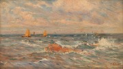 JOHN BRETT (1830-1902), (yachts at sea), oil on board, signed lower right "J. Brett", title plaque lower centre "John Brett 1830-1902", ​​​​​​​12 x 21cm, 22 x 30cm overall - 2