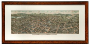 "VIEW OF BALLAARAT, VICTORIA, AUSTRALIA. 1887" colour lithograph panoramic view of Ballarat, attractively framed and mounted, 53 x 109cm overall