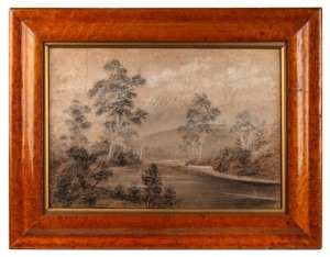 L. ADAMSON, (Murray River crossing, with horses and carriage), charcoal with white highlights, circa 1860s, signed "L. Adamson, Mildura" lower right, in a period birdseye maple frame, 32 x 46cm; overall 48 x 61.5cm.