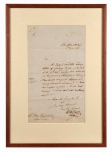 POLICE OFFICE HOBART. Single page manuscript letter dated 8th April 1835 from the Police Office in Hobart to the Chief Police Magistrate in Hobart Town, framed and mounted, 32 x 19cm visual, 47 x 33cm overall