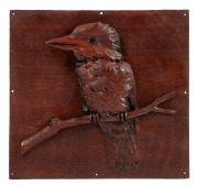 ROBERT PRENZEL&nbsp;kookaburra carved timber panel, early 20th century, ​​​​​​​33 x 35cm