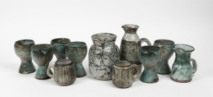 DAVID & HERMIA BOYD group of three pottery jugs, six goblets and two mugs, (11 items), with incised signatures to the bases, the largest 20cm high