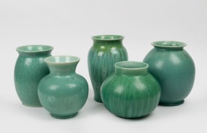 MELROSE WARE group of five assorted green glazed pottery vases, four examples stamped "Melrose Ware, Australian", the largest 22.5cm high