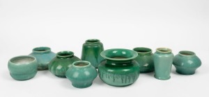 MELROSE WARE group of nine assorted green glazed pottery vases, the largest 10cm high