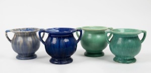 MELROSE WARE group of four assorted two handled pottery mantle urns glazed in blue and green, stamped "Melrose Ware, Australian", the largest 10.5cm high