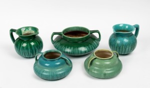 MELROSE WARE two green glazed pottery jugs, together with three green glazed two handled pottery vases, (5 items), four examples stamped "Melrose Ware, Australian", the largest vase 27cm wide