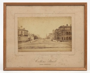 NETTLETON group of three black and white albumen prints, each framed and mounted with title captions: I.) Melbourne From St. Kilda Road, II.) Collins Street (From Treasury), III.) Wesley College, sheet size 13 x 20cm each, 25 x 31cm each overall