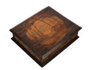 ALICE MARY PARSONS Australian pokerwork box adorned with arts & crafts landscape scenes inside and out, circa 1920, signed "A. M. Parsons" to the base, 5.5cm high, 21cm wide, 18cm deep