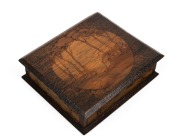 ALICE MARY PARSONS Australian pokerwork box adorned with arts & crafts landscape scenes inside and out, circa 1920, signed "A. M. Parsons" to the base, 5.5cm high, 21cm wide, 18cm deep