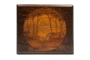 ALICE MARY PARSONS Australian pokerwork box adorned with arts & crafts landscape scenes inside and out, circa 1920, signed "A. M. Parsons" to the base, 5.5cm high, 21cm wide, 18cm deep - 2