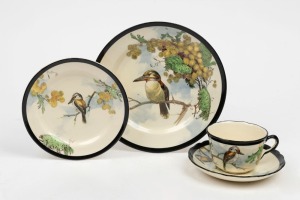 ROYAL DOULTON kookaburra and wattle patterned teacup, saucer, plate and side plate, (4 items), factory marks to base, the side plate 21.5cm diameter