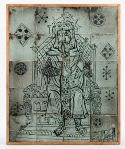 HERMIA BOYD pottery tile topped coffee table of a Medieval throned king, constructed from 20 tiles, signed "Hermia Boyd", 79 x 64cm overall