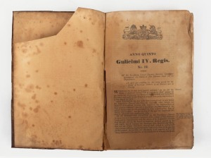 [1835-36 VAN DIEMEN'S LAND] A leather-bound collection of Acts of Parliament, promulgated during the Lieutenant-Governorship of George Arthur and covering issues to do with fishing and whaling, the supply of pure water to Hobart, the erection of fences, t