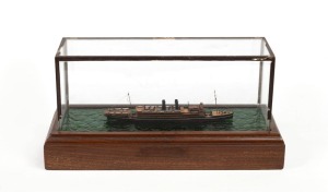 MANTUA scratch-built model ship in glass case on timber base, 20th century, with detailed label affixed documenting the history of the ship, 12.5cm high, 25.5cm wide, 10cm deep