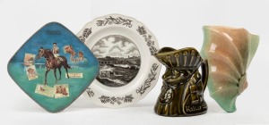 PATES green glazed pottery wall pocket, ELISCHER "Kaiser Stuhl" character jug, TULLOCH horse racing plate and "Historical Australia, Sydney, The Bridge at Parramatta" WEDGWOOD cabinet plate, 20th century, (4 items), the cabinet plate 25.5cm wide