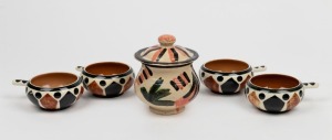 MARTIN BOYD set of four pottery ramekins, together with a pottery lidded jar with incised signature (illegible), (5 items), the jar 13cm high