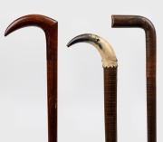 Three fiddleback timber walking sticks, one with horn handle, one with original brass ferrule, 19th and 20th century, the largest 92cm high - 2