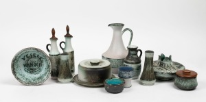 ELLIS green glazed pottery table ware, jugs, vase, bowl and serving dishes, (11items), the largest 22.5cm high