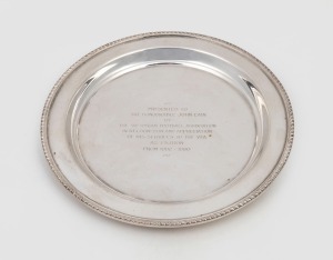 JOHN CAIN INTEREST: A silver plated salver engraved "Presented To The Honourable John Cain By THE VICTORIAN FOOTBALL ASSOCIATION In Recognition And Appreciation Of His Services To The VFA As Patron From 1982-1990", ​​​​​​​22.5cm diameter