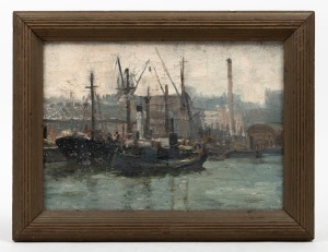 ARTIST UNKNOWN, (dockside scene), oil on canvas, signed lower right (illegible), 24 x 34cm, 32 x 42cm overall