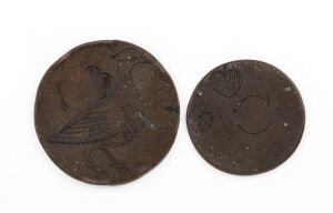 CONVICT LOVE TOKENS penny and halfpenny examples, one attractively engraved with dove and initials, the other with leaf and monogram initials, 18th/19th century, (2 items)