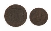 CONVICT LOVE TOKENS penny and halfpenny examples, one attractively engraved with dove and initials, the other with leaf and monogram initials, 18th/19th century, (2 items) - 2