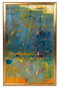 FRANK HODGKINSON (1919-2001), Rushcutter's Dusk, oil on canvas, signed lower right "Frank Hodgkinson, '87", bearing Green Hill Galleries label verso, 101 x 59cm, 109 x 68cm overall