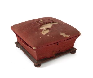 A Colonial Australian cedar and pine ottoman with period scarlet cloth upholstery, mid 19th century, 25cm high, 47cm wide, 47cm deep