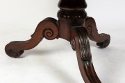 An antique Australian cedar tilt-top supper table with two piece book matched well figured top, cross banded edge and skirt supported on a turned pedestal with lotus carved collar and impressive scroll and lambs tongue cabriole legs with recessed brass ca - 2