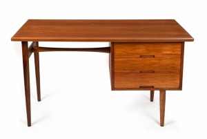 HANS HAYSON mid-century style writing desk with teak veneered top above a bank of three drawers, supported on turned teak legs, 20th century, 70cm high, 123cm wide, 63cm deep