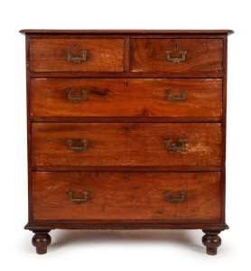 An antique Australian cedar chest travelling chest of five graduated drawers, each fitted with flush military style handles, huon pine secondary timbers, Tasmanian, circa 1855, 105cm high, 97cm wide, 53cm deep